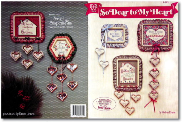 Book SO DEAR TO MY HEART. Five delightful cross-stitch sayings, stitched and framed in Hoop-Frames. Family photos in Sweet Suspensions are attached and hang from the frame. 